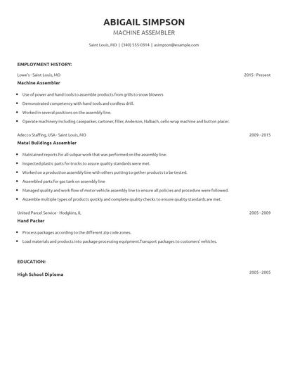 Machine Assembler Resume