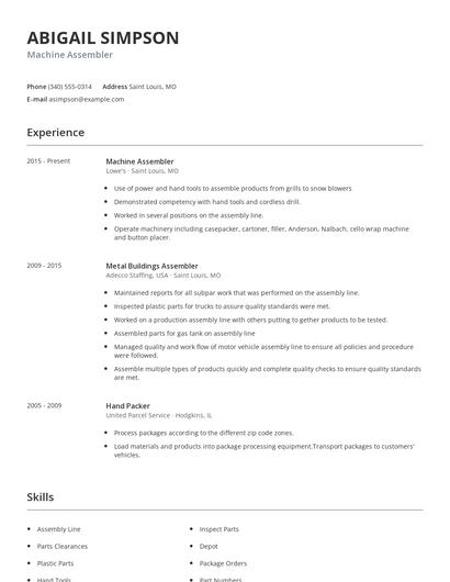 Machine Assembler Resume