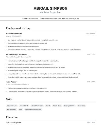 Machine Assembler Resume