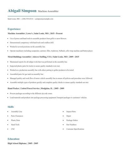 Machine Assembler Resume