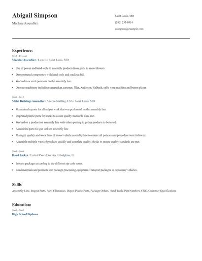 Machine Assembler Resume
