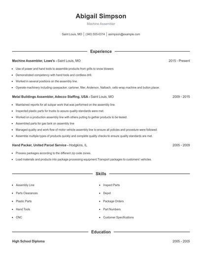 Machine Assembler Resume