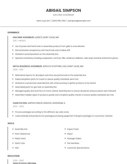 Machine Assembler Resume