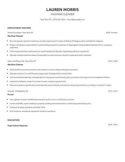Machine Cleaner Resume