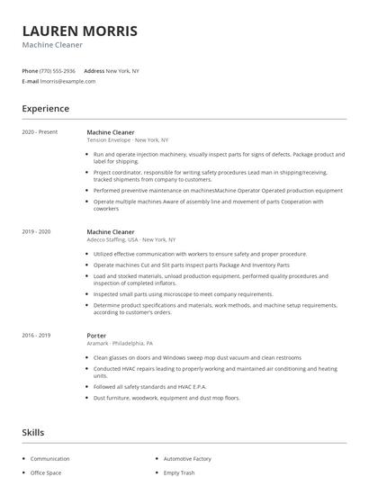 Machine Cleaner Resume