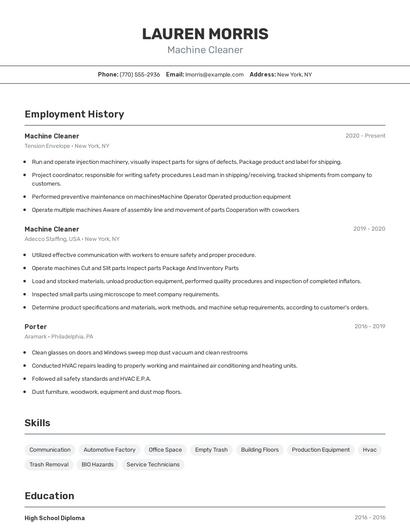 Machine Cleaner Resume