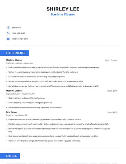 Machine Cleaner Resume