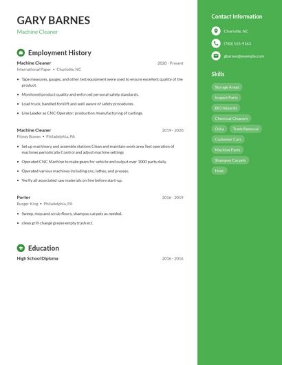 Machine Cleaner Resume