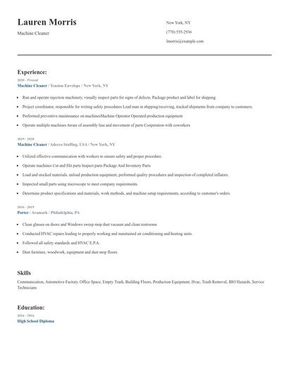 Machine Cleaner Resume