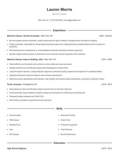 Machine Cleaner Resume