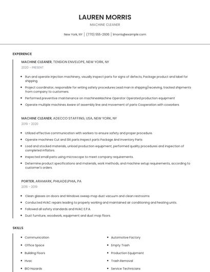 Machine Cleaner Resume