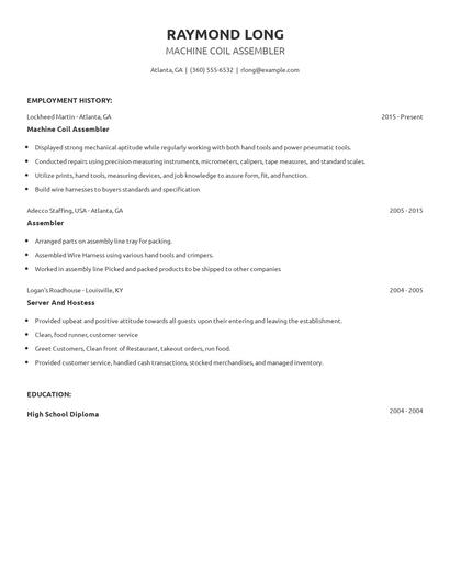 Machine Coil Assembler Resume