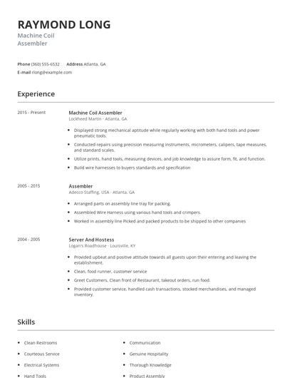 Machine Coil Assembler Resume