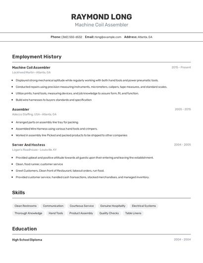 Machine Coil Assembler Resume