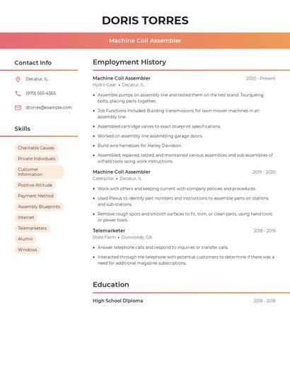 Machine Coil Assembler Resume