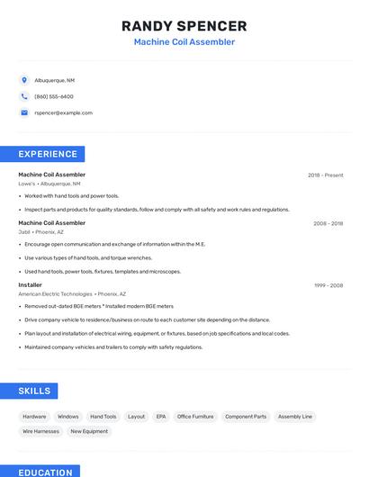 Machine Coil Assembler Resume