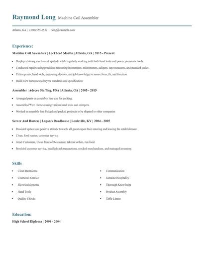 Machine Coil Assembler Resume