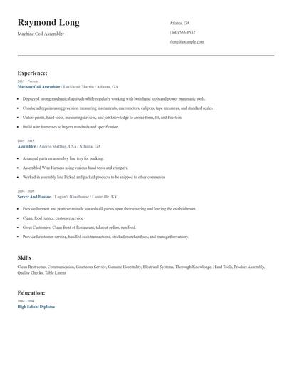 Machine Coil Assembler Resume