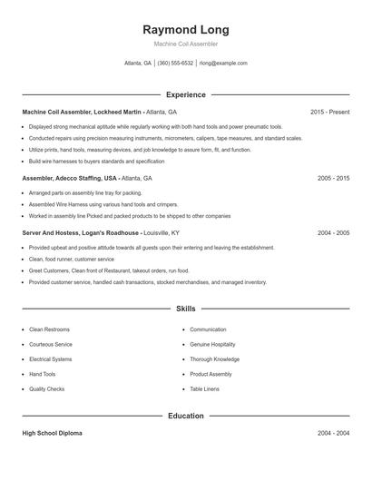 Machine Coil Assembler Resume