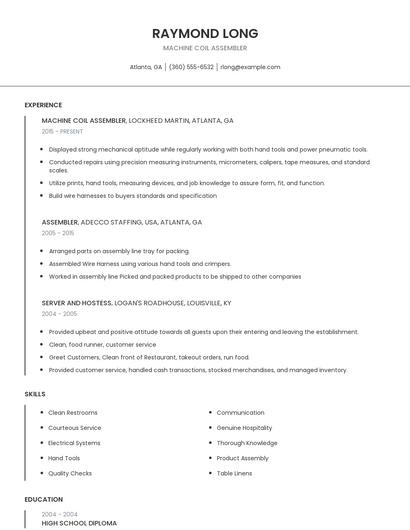 Machine Coil Assembler Resume