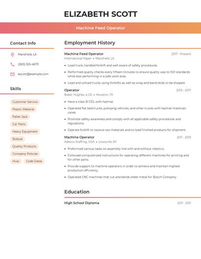 Machine Feed Operator Resume