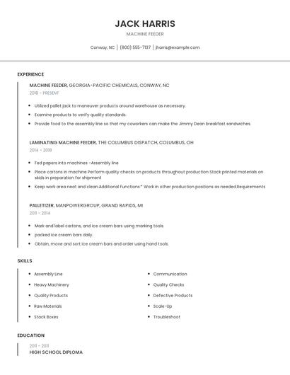 Machine Feeder Resume