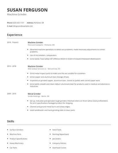 Machine Grinder Resume