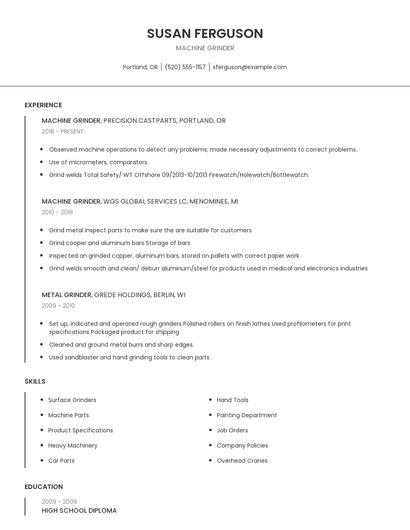 Machine Grinder Resume
