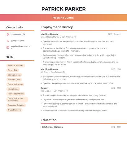Machine Gunner Resume