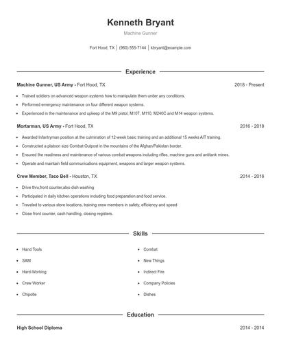 Machine Gunner Resume