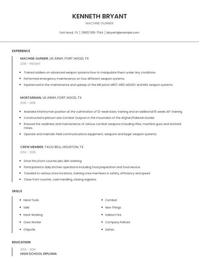 Machine Gunner Resume