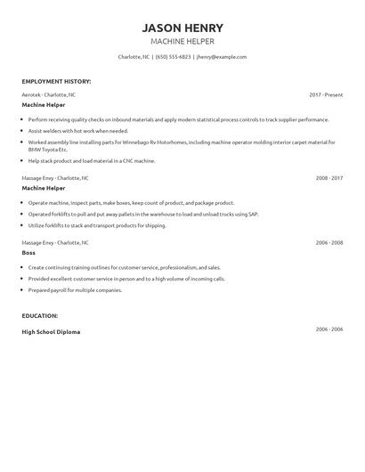 Machine Helper Resume