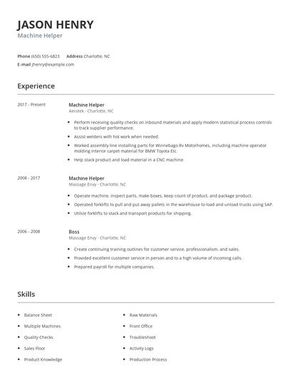 Machine Helper Resume