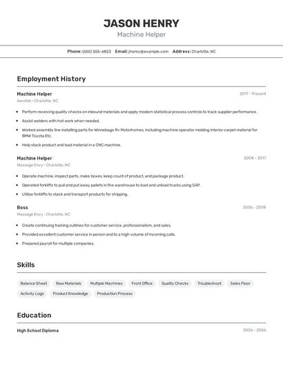Machine Helper Resume