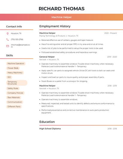 Machine Helper Resume