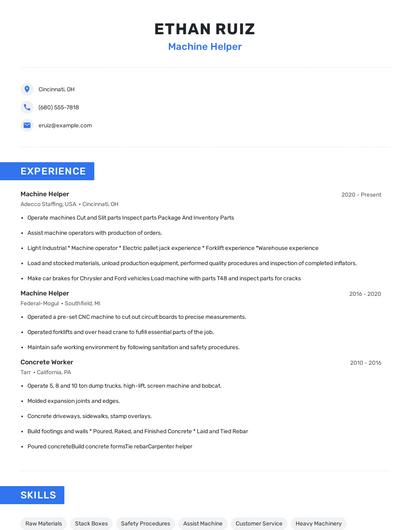 Machine Helper Resume