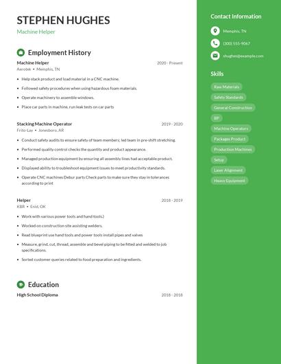 Machine Helper Resume