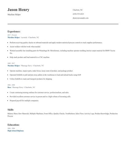 Machine Helper Resume