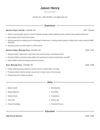 Machine Helper Resume