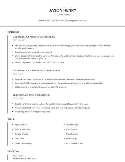 Machine Helper Resume