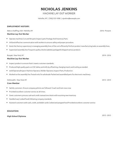 Machine Lay Out Worker Resume