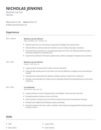 Machine Lay Out Worker Resume