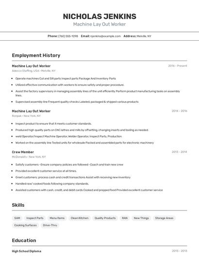 Machine Lay Out Worker Resume
