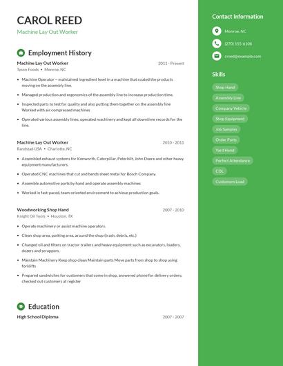 Machine Lay Out Worker Resume