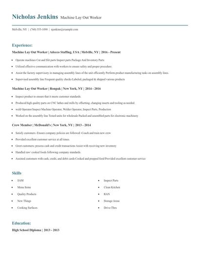 Machine Lay Out Worker Resume