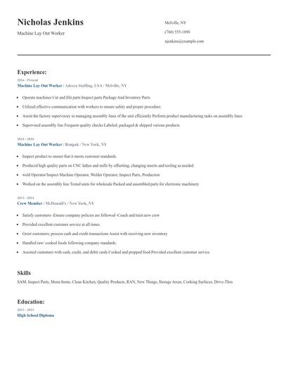 Machine Lay Out Worker Resume