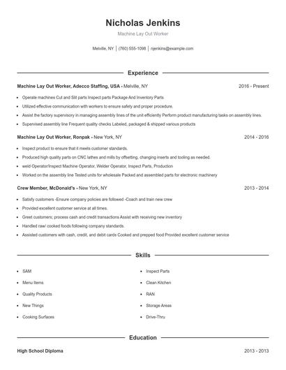 Machine Lay Out Worker Resume