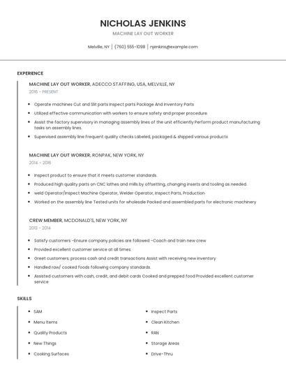 Machine Lay Out Worker Resume