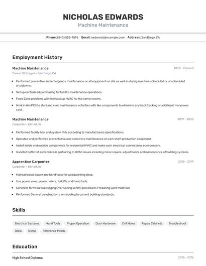 Machine Maintenance Resume