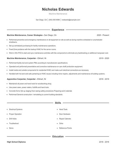 Machine Maintenance Resume